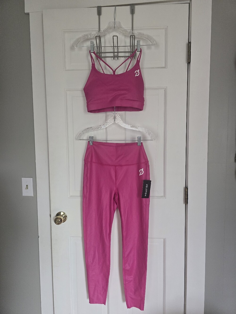 Peloton Hot Pink Coated High-Waist Leggings and Strappy Sports Bra Set. 3 Pieces